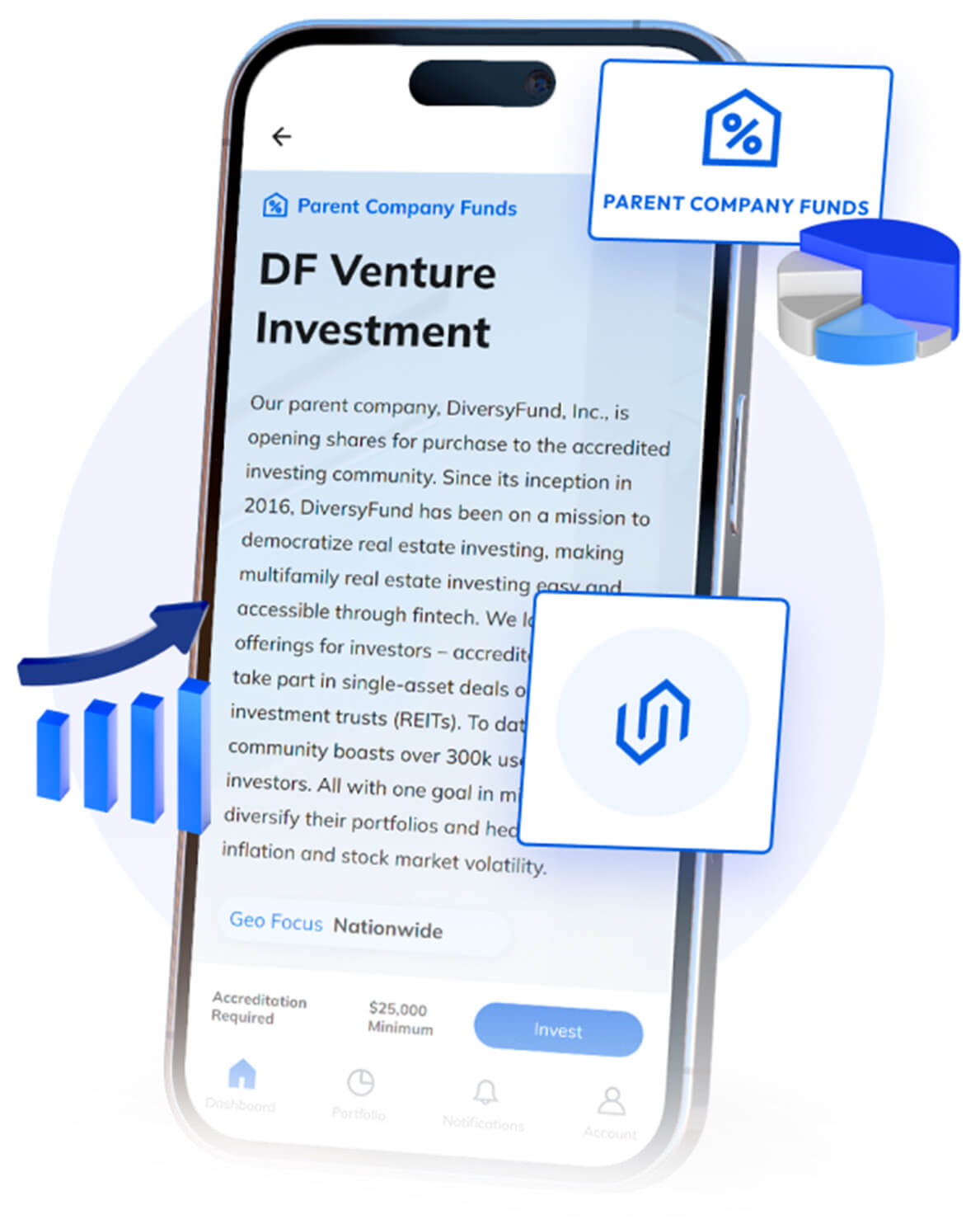 Phone screen showing DiversyFund Venture Investment opportunity for all investors